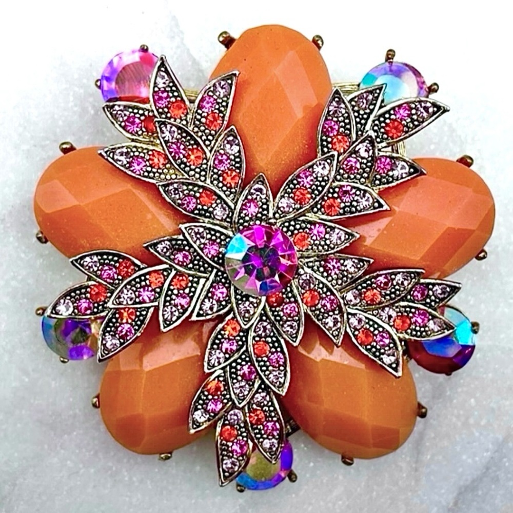 Vintage Orange Lucite Rhinestone Flower Brooch AB Crystal Gold Tone Pin